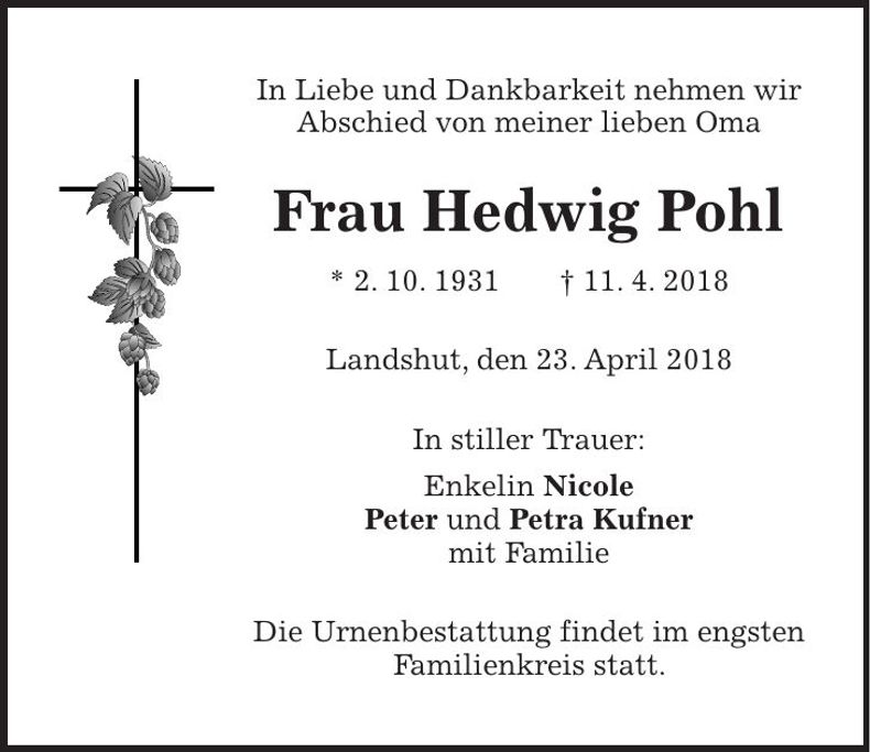 Traueranzeige Hedwig Pohl
