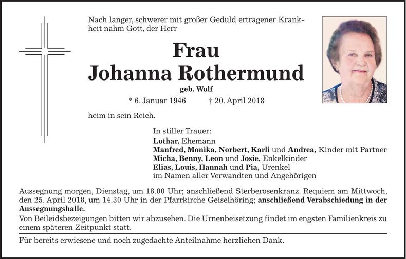 Traueranzeige Johanna Rothermund
