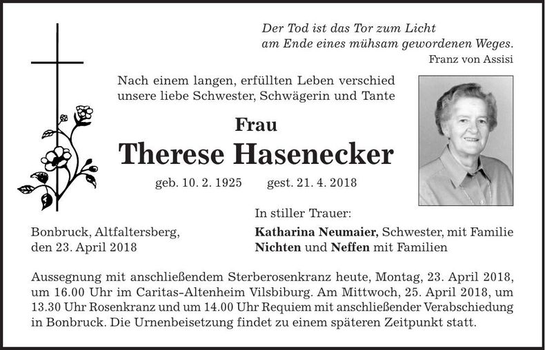 Traueranzeige Therese Hasenecker