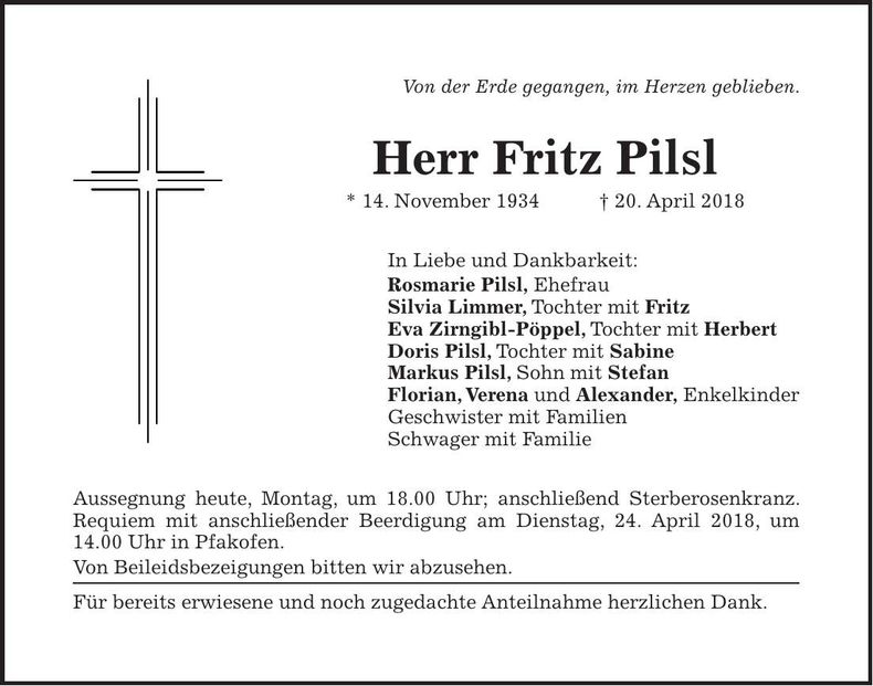 Traueranzeige Fritz Pilsl
