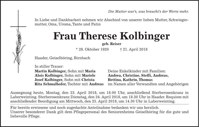 Traueranzeige Therese Kolbinger