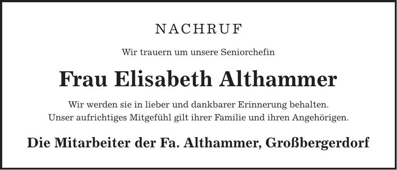Traueranzeige Elisabeth Althammer