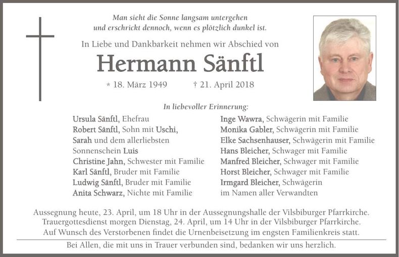 Traueranzeige Hermann Sänftl