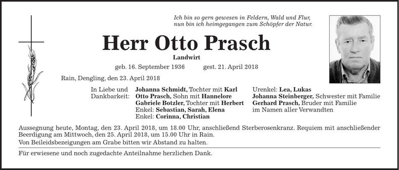 Traueranzeige Otto Prasch