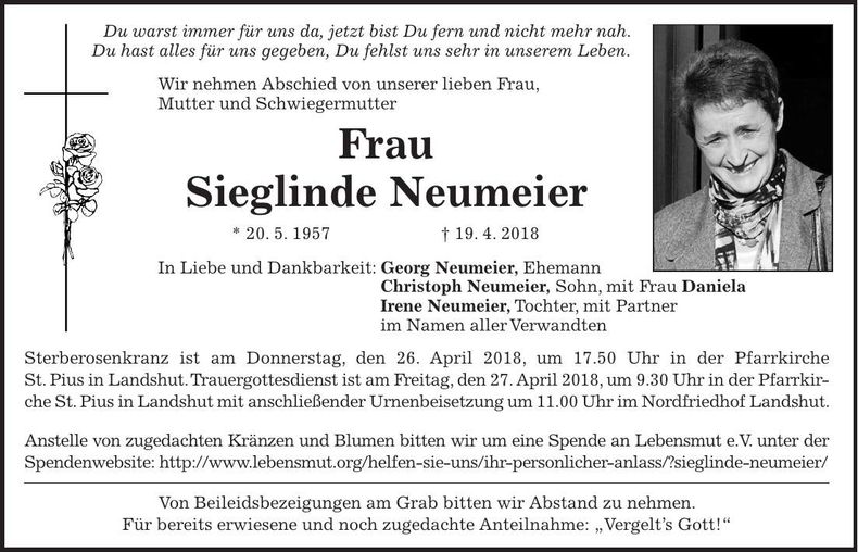Traueranzeige Sieglinde Neumeier