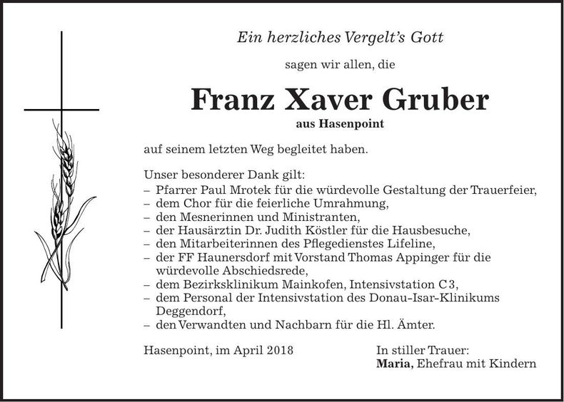 Traueranzeige Franz Xaver Gruber