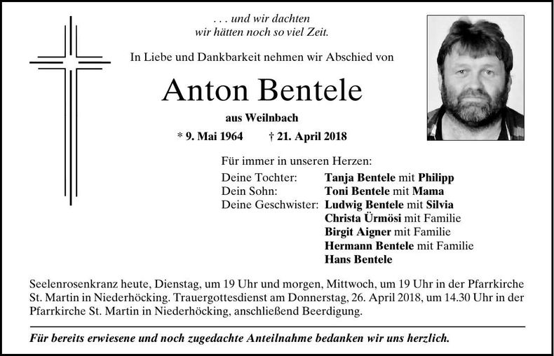 Traueranzeige Anton Bentele