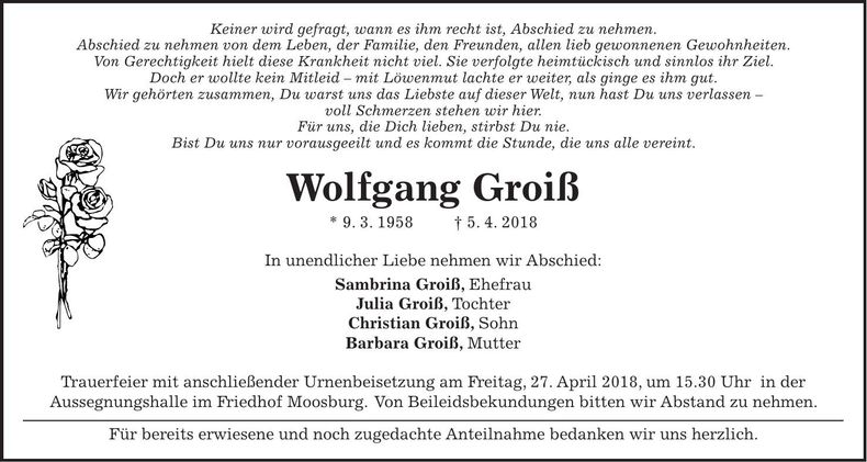 Traueranzeige Wolfgang Groiß