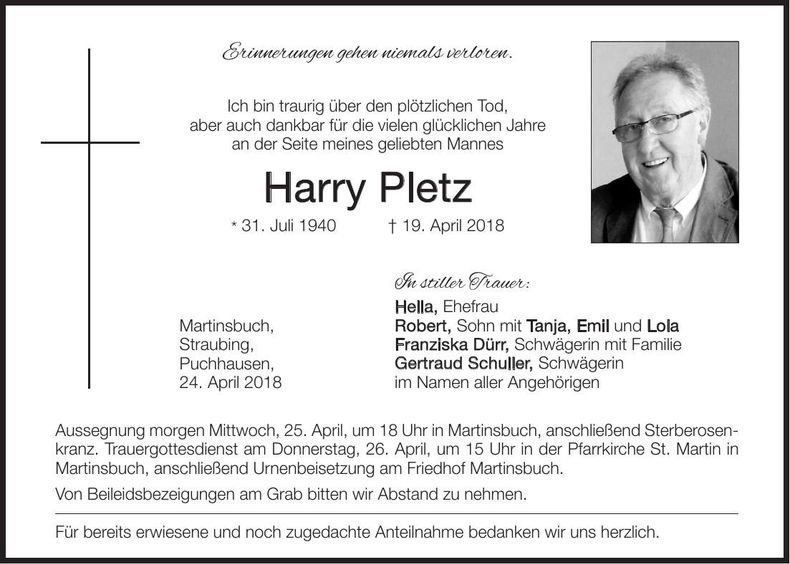 Traueranzeige Harry Pletz