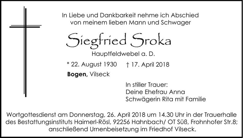 Traueranzeige Siegfried Sroka