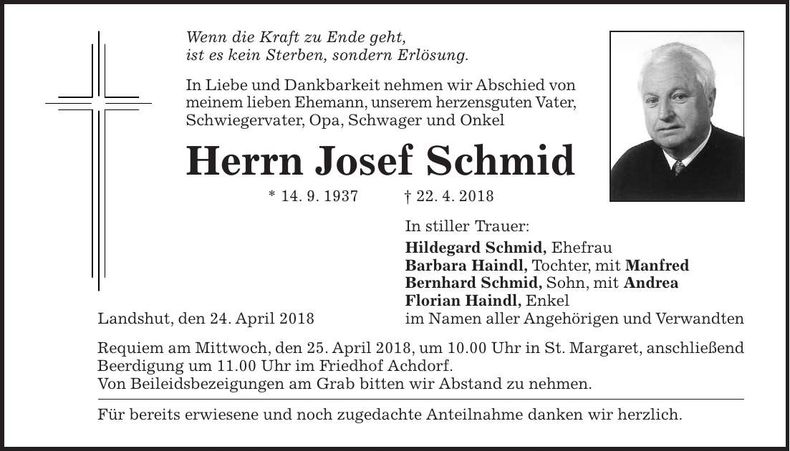 Traueranzeige Josef Schmid