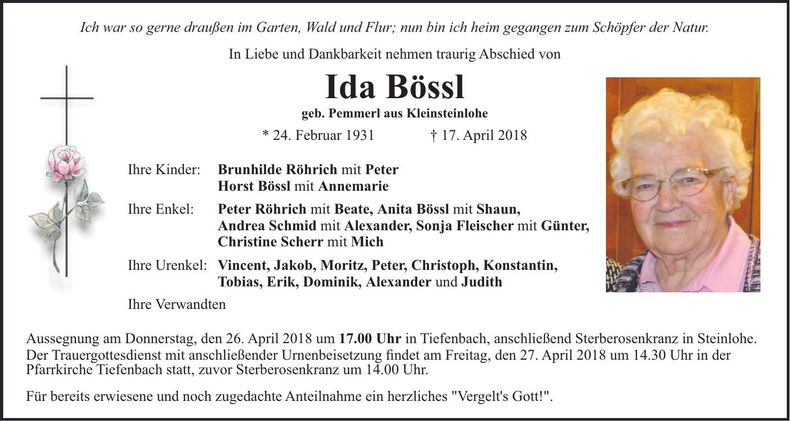 Traueranzeige Ida Bössl