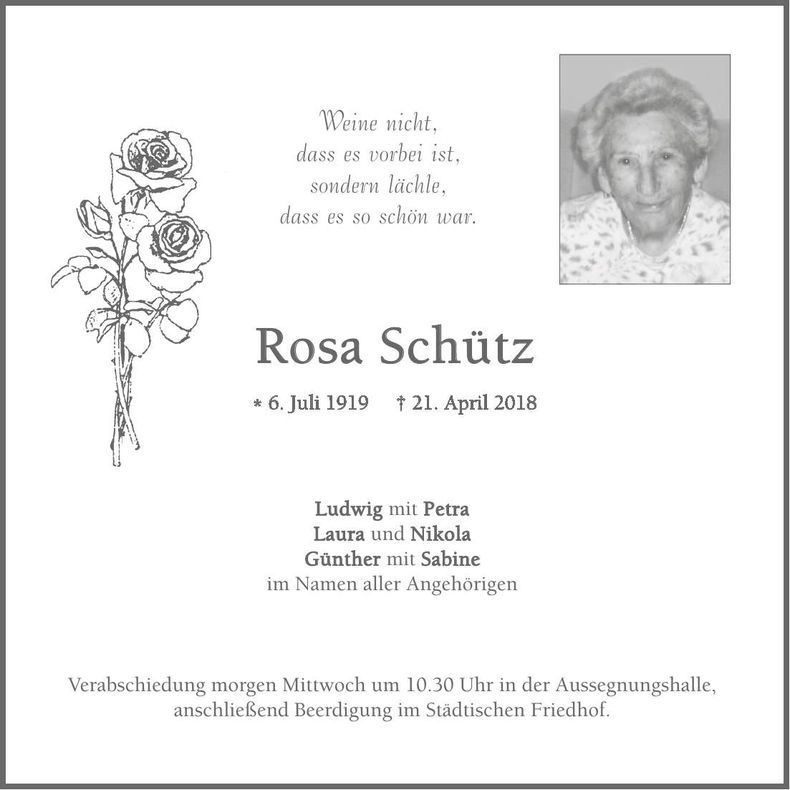 Traueranzeige Rosa Schütz