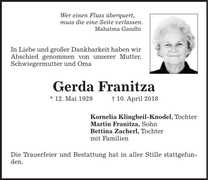 Traueranzeige Gerda Franitza