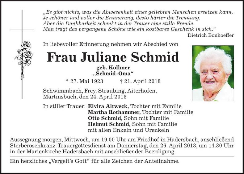 Traueranzeige Juliane Schmid