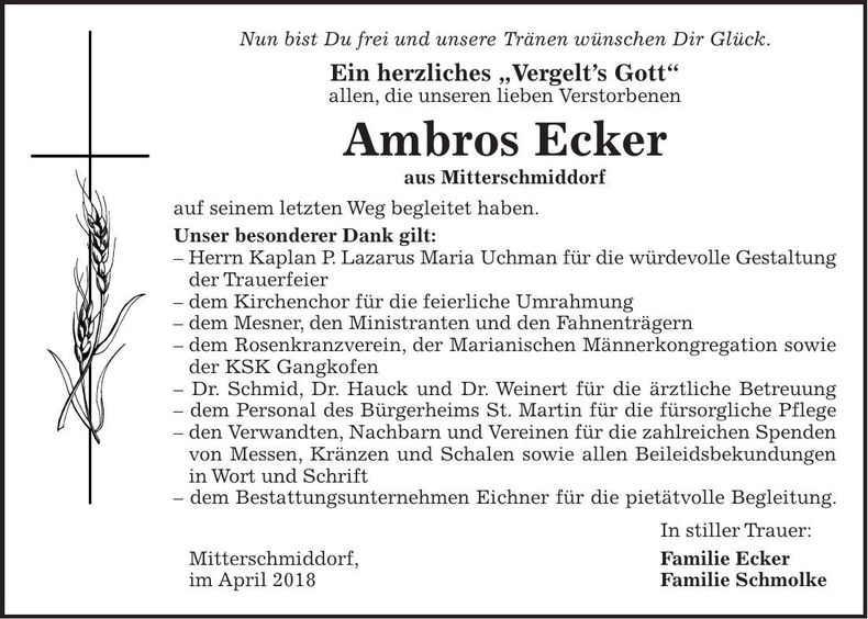Traueranzeige Ambros Ecker