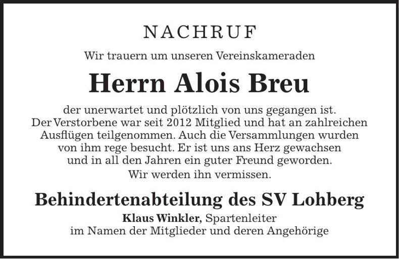Traueranzeige Alois Breu