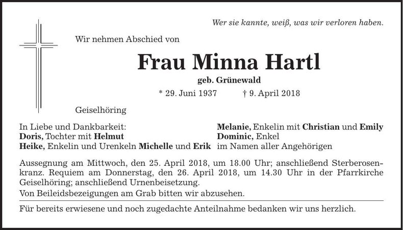 Traueranzeige Minna Hartl