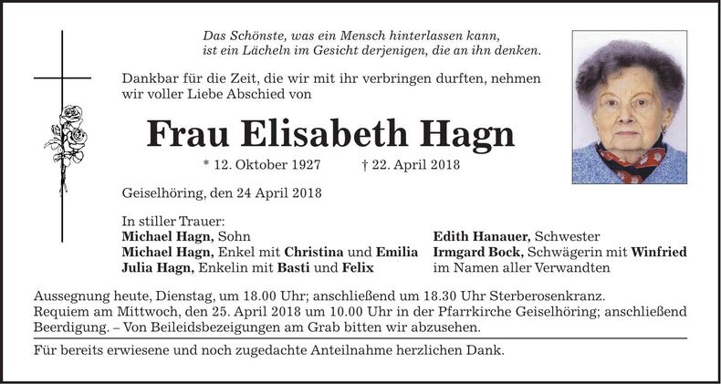 Traueranzeige Elisabeth Hagn