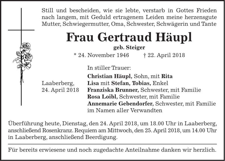 Traueranzeige Gertraud Häupl