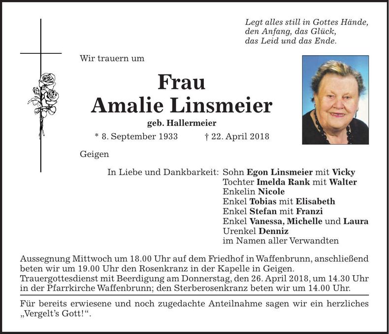 Traueranzeige Amalaie Linsmeier