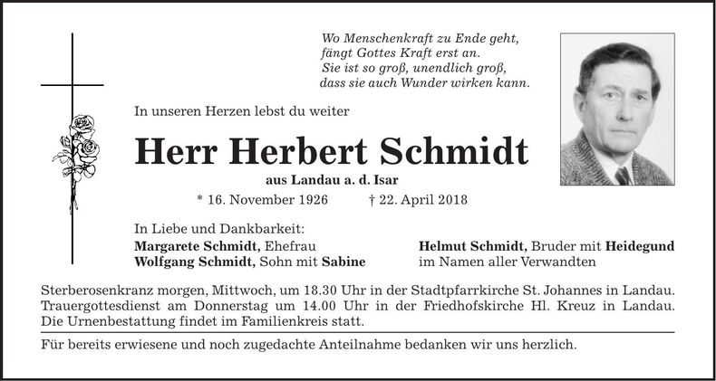 Traueranzeige Herbert Schmidt