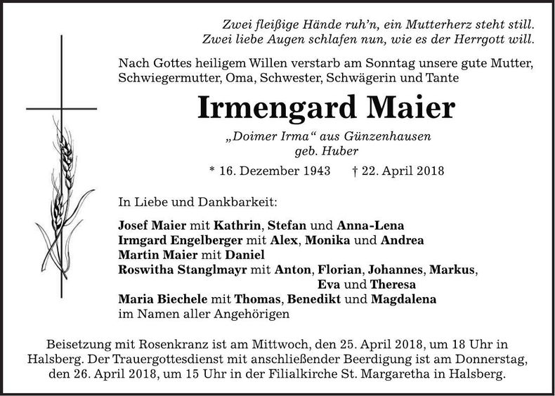 Traueranzeige Irmengard Maier