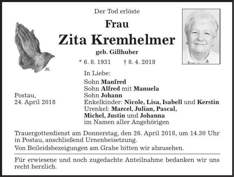 Traueranzeige Zita Kremhelmer