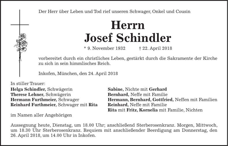 Traueranzeige Josef Schindler