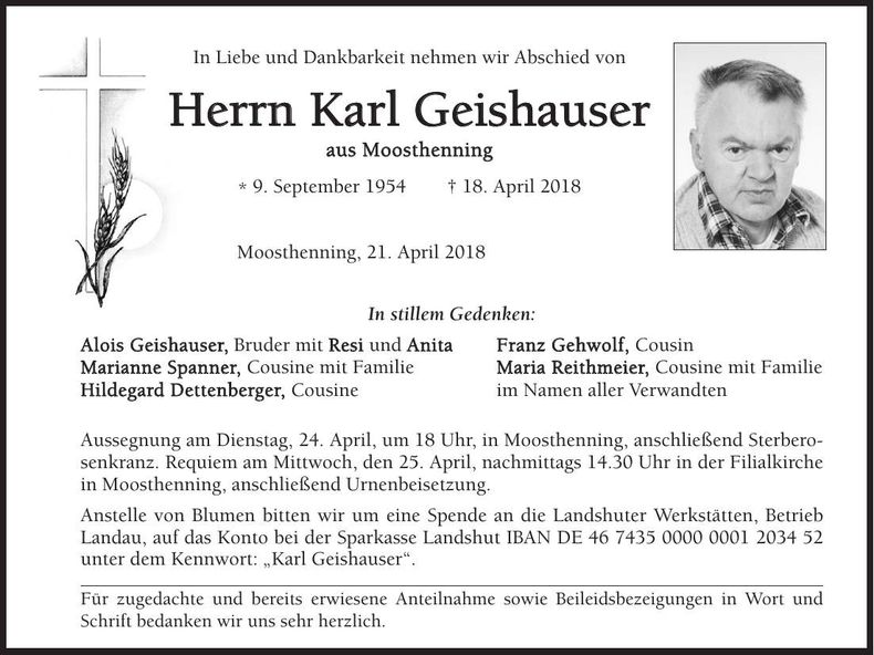 Traueranzeige Karl Geishauser