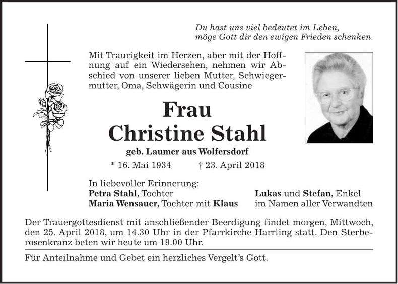 Traueranzeige Christine Stahl