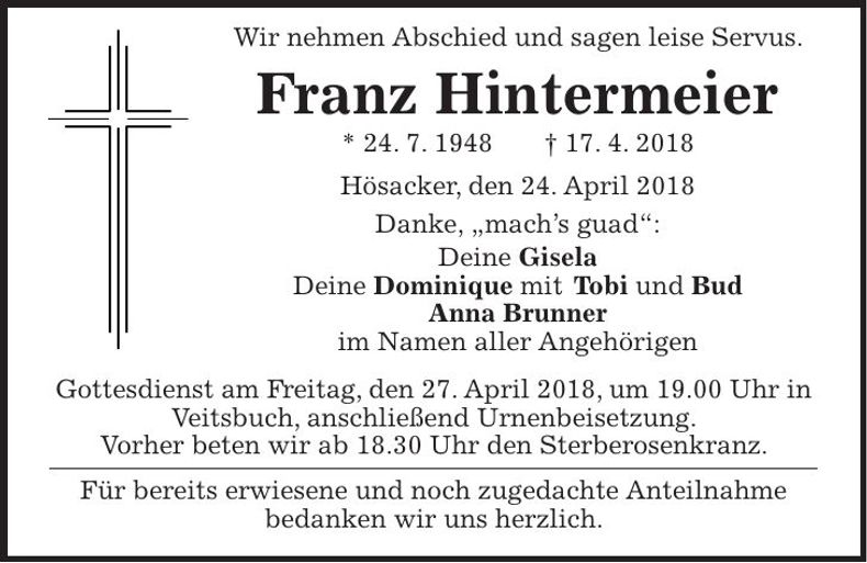 Traueranzeige Franz Hintermeier