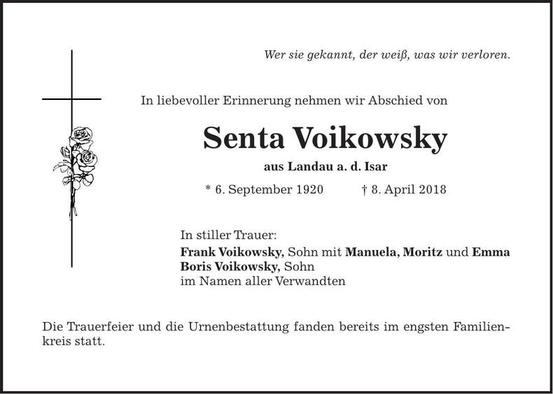 Traueranzeige Senta Voikowsky