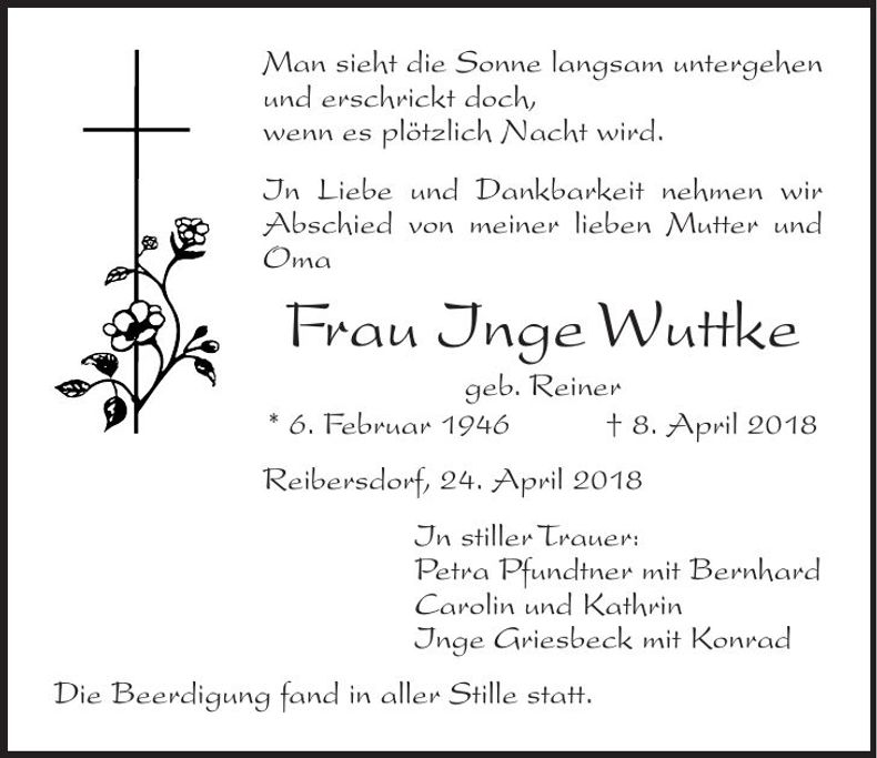Traueranzeige Inge Wuttke