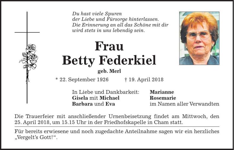 Traueranzeige Betty Federkiel