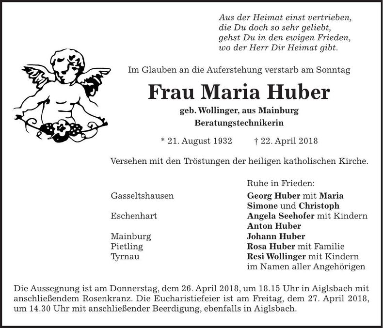 Traueranzeige Maria Huber
