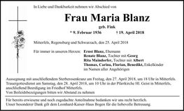 Traueranzeige Maria Blanz