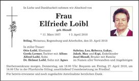 Traueranzeige Elfriede Loibl