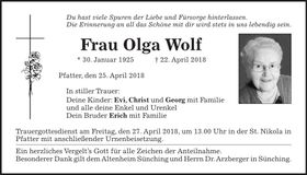Traueranzeige Olga Wolf