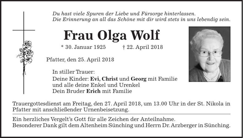 Traueranzeige Olga Wolf