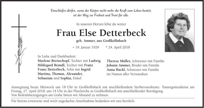Traueranzeige Else Detterbeck