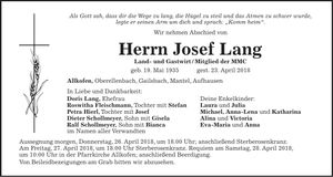 Traueranzeige Josef Lang