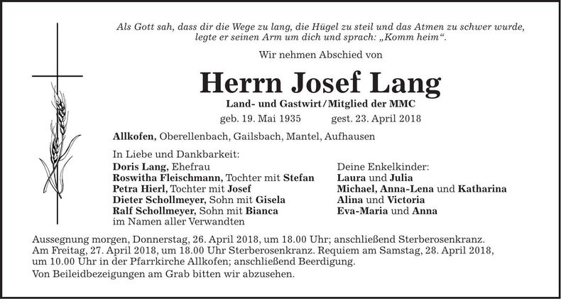 Traueranzeige Josef Lang