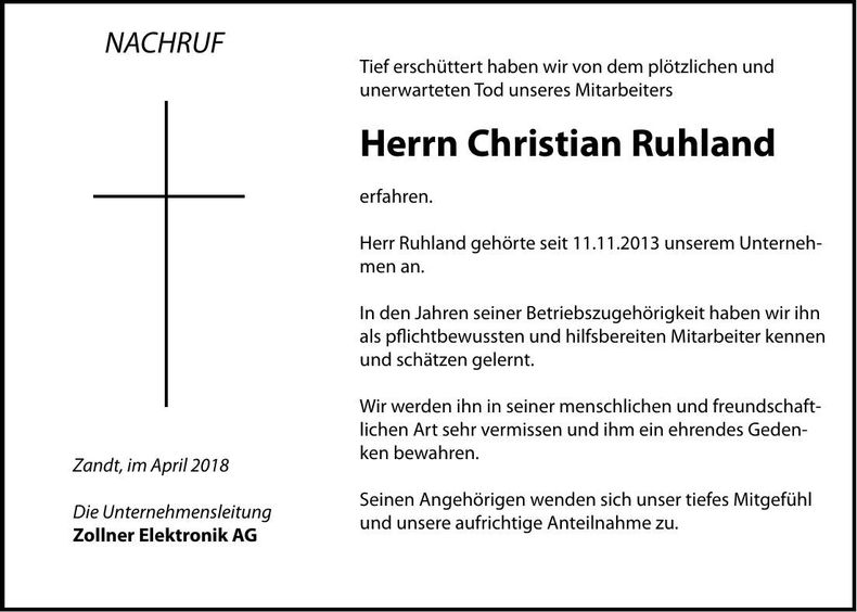 Traueranzeige Christian Ruhland