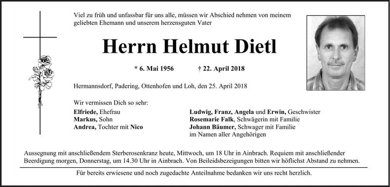 Traueranzeige Helmut Dietl