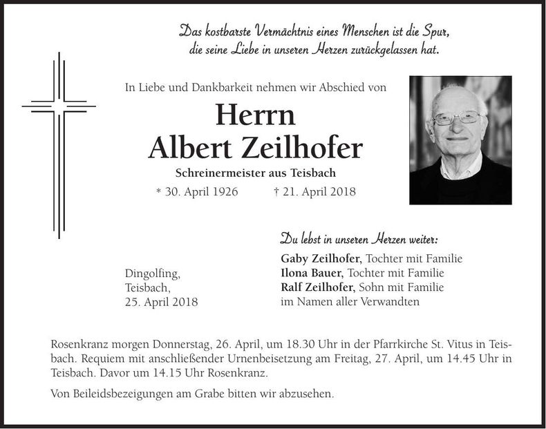 Traueranzeige Albert Zeilhofer