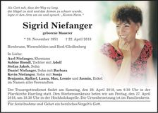 Traueranzeige Sigrid Niefanger