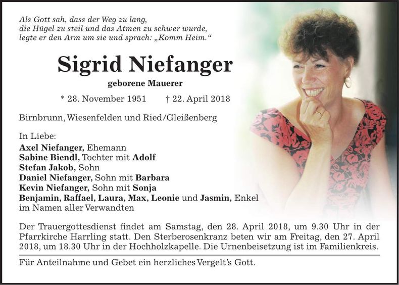 Traueranzeige Sigrid Niefanger