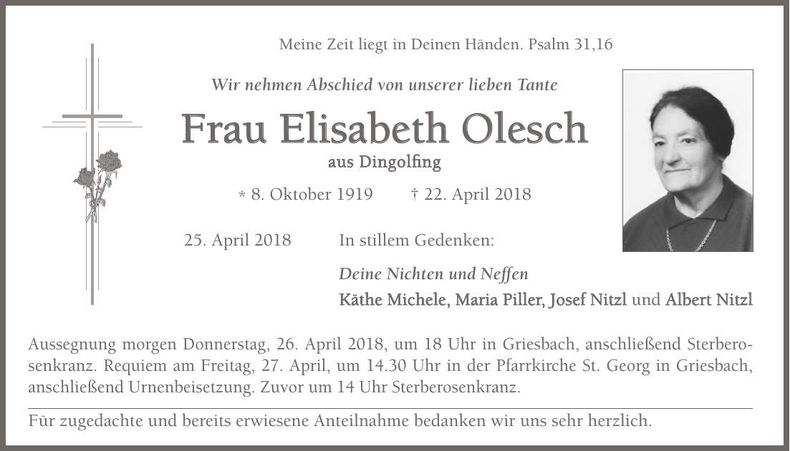 Traueranzeige Elisabeth Olesch