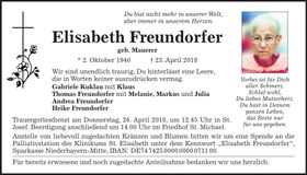 Traueranzeige Elisabeth Freundorfer